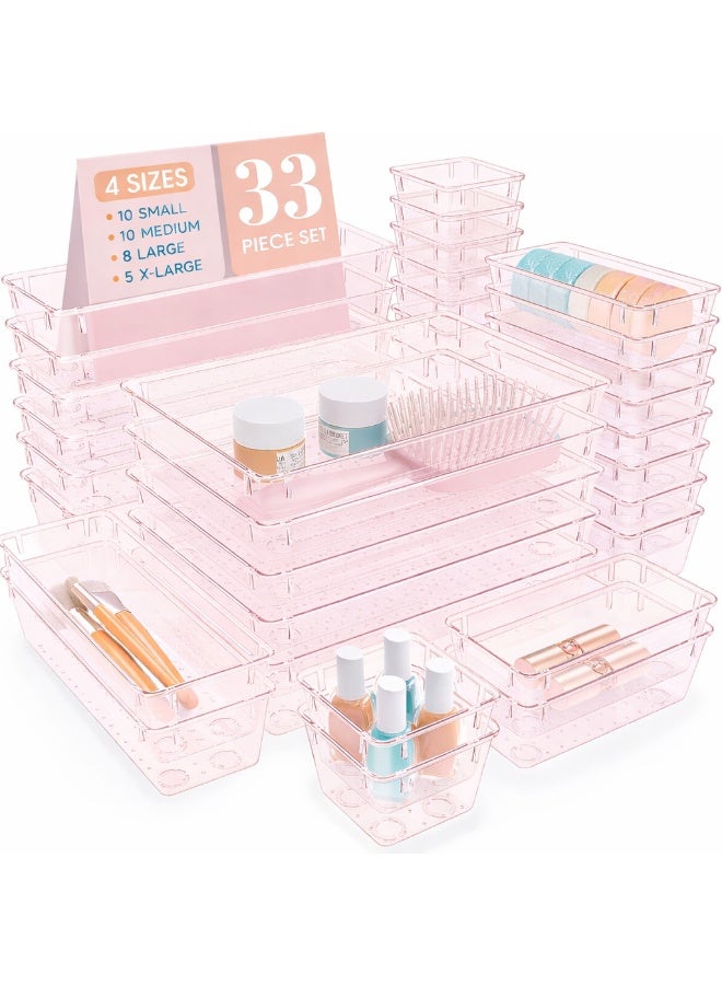 imported 33 PCS Clear Plastic Drawer Organizers Set, 4 Size Desk Drawer Organizer Trays for Makeup, Jewelry, Kitchen Utensils, Gadgets and Office Accessories - Image 1
