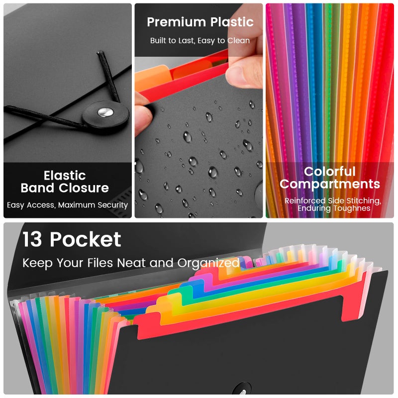 RIEJIN 13 Pocket Accordion File Organizer with Elastic Closure, Expanding File Folder for Letter Size A4 Papers, Ideal for Home, Office Supplies, College Essentials - Black - Image 3