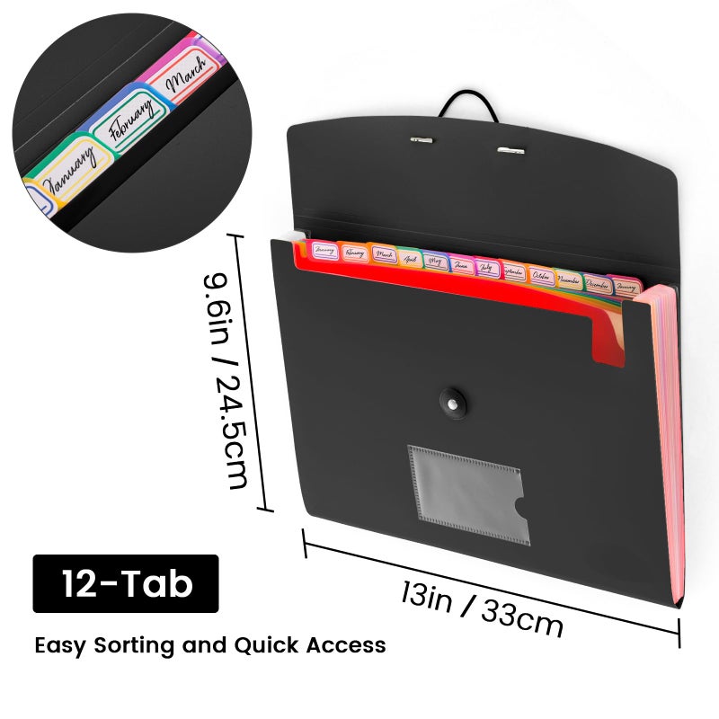RIEJIN 13 Pocket Accordion File Organizer with Elastic Closure, Expanding File Folder for Letter Size A4 Papers, Ideal for Home, Office Supplies, College Essentials - Black - Image 2