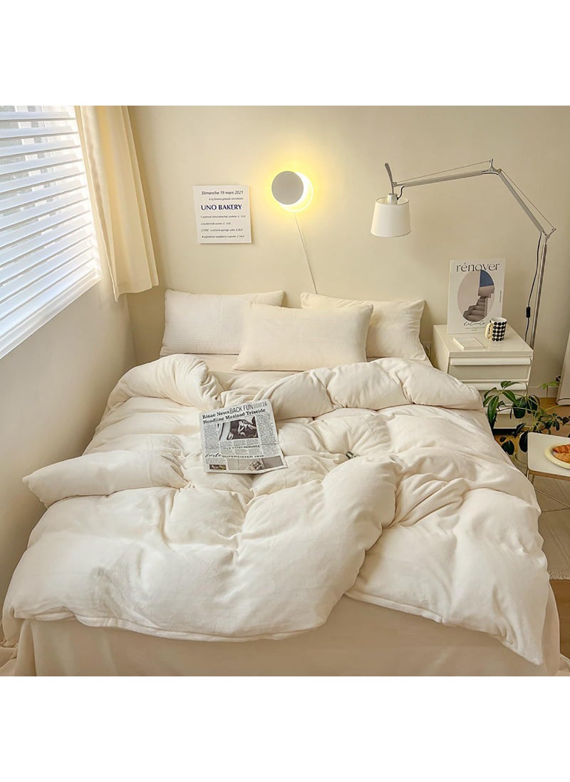 Luxlovery Luxlovery White Fluffy Comforter Queen All White Velvet Bedding Comforter Set Flannel Solid White Cozy Puffy Plush Blanket Quilts Sherpa Micromink Winter Thick Warm Comforter Set Women Men 