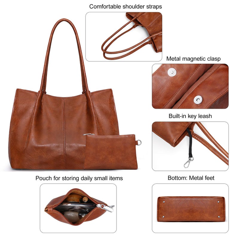 Fependu Large Tote Bag for Women Work Vegan Leather 16L Ladies Handbags Womens Big Purses Shoulder for Travel Brown - Image 5