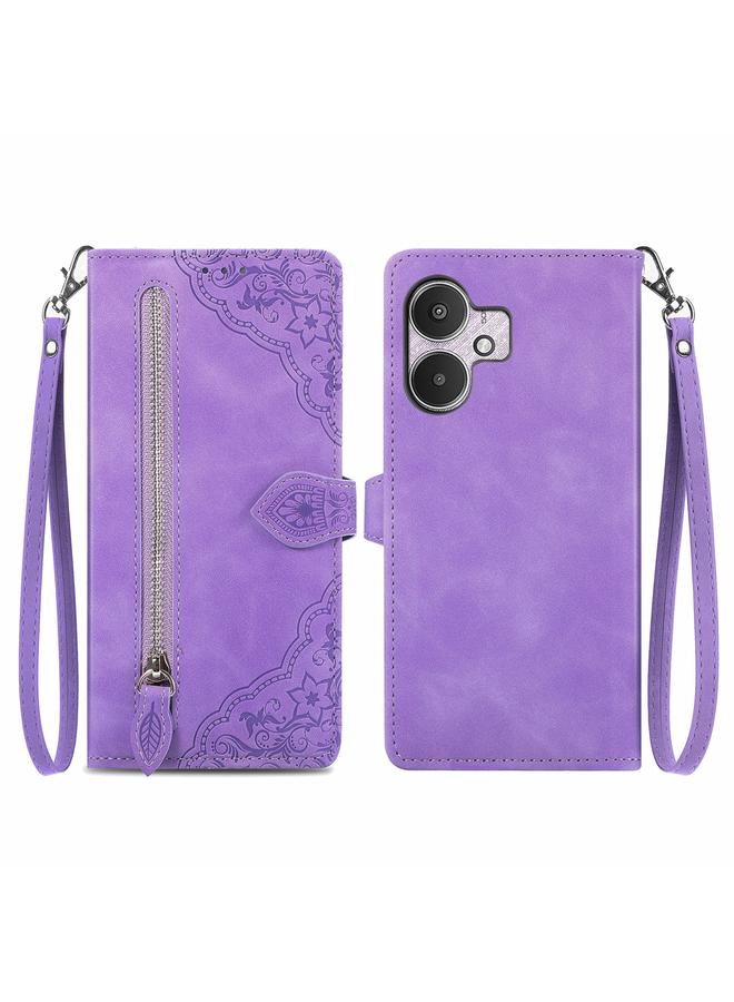 The Bros Case For Xiaomi Redmi 13C 5G Embossed Flower Zipper Leather Phone Case
