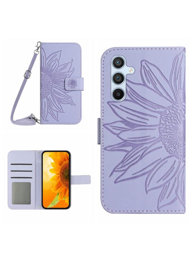 اس-توب جراب لهاتف Samsung Galaxy M34 5G مصنوع من الجلد المنقوش بنقشة زهرة الشمس مع حبل تعليق - Image 1