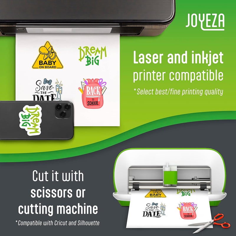 JOYEZA Premium Printable Vinyl Sticker Paper for Inkjet Printer - 80 Sheets Matte White Waterproof, Dries Quickly Vivid Colors, Holds Ink Well- Tear Resistant - Inkjet & Laser Printer - Image 3
