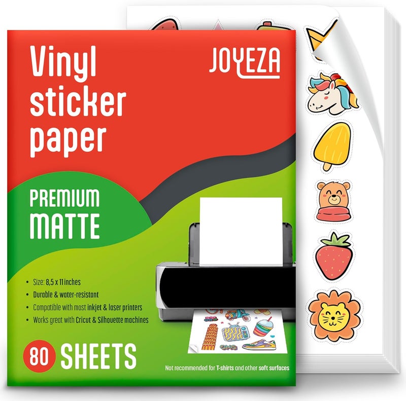 JOYEZA Premium Printable Vinyl Sticker Paper for Inkjet Printer - 80 Sheets Matte White Waterproof, Dries Quickly Vivid Colors, Holds Ink Well- Tear Resistant - Inkjet & Laser Printer - Image 1