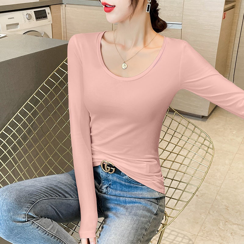 Slim-fit White Cotton Long-sleeved V-neck T-shirt Womens Inner 2023 New Tight Base Shirt Spring and Autumn Thin All-match Top lotus root starch