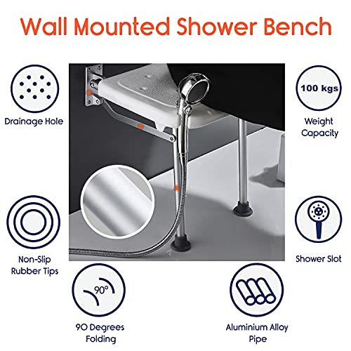 KosmoCare Wall Mounted Shower Bench | Folding Shower Chair | Bathroom Stool Fold Away Shower Seat | Folding Shower Stool with Anti-Slip Rubber Tips for Safety of Seniors & Elderly | - Image 4