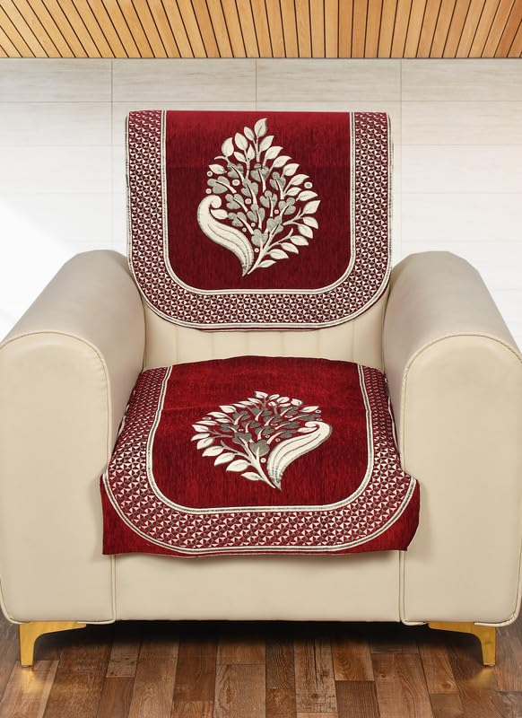 SAWNA HOMES Velvet Chenille Floral Design 1 Seater Sofa Cover with Seat and Back Covers | Anti-Slip Washable Sofa Protector Slipcovers for Living Room, Guest Room, Office, Home Décor (Maroon-2 PCS) - Image 5