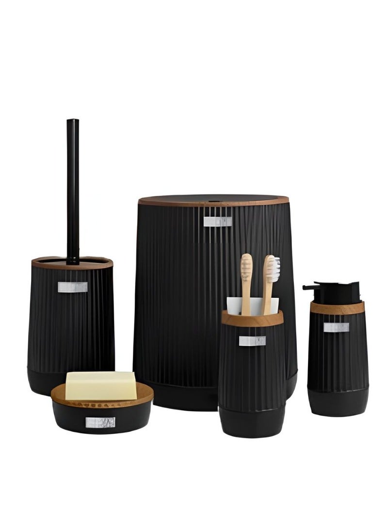 Okyanus 5 piece wooden head plastic bathroom accessories set includes toilet brush liquid soap dispenser trash bin toothbrush & toothpaste holder soap dish durable bathroom organizer kit black - Image 1