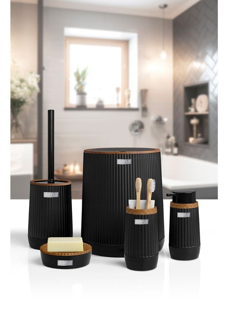 Okyanus 5 piece wooden head plastic bathroom accessories set includes toilet brush liquid soap dispenser trash bin toothbrush & toothpaste holder soap dish durable bathroom organizer kit black - Image 2