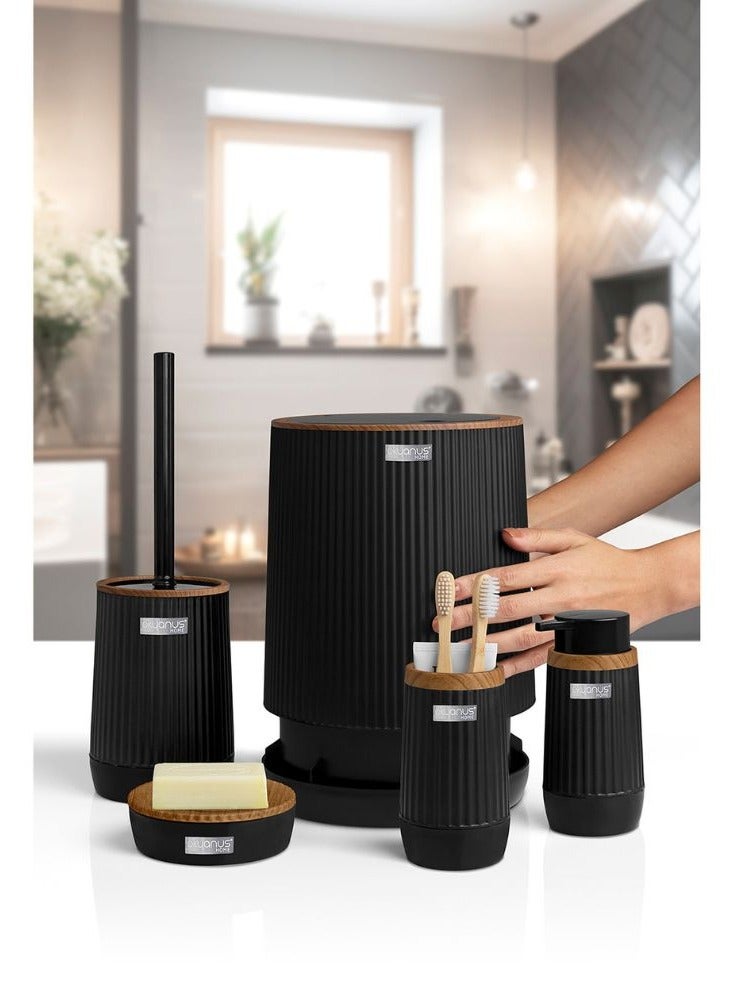 Okyanus 5 piece wooden head plastic bathroom accessories set includes toilet brush liquid soap dispenser trash bin toothbrush & toothpaste holder soap dish durable bathroom organizer kit black - Image 3
