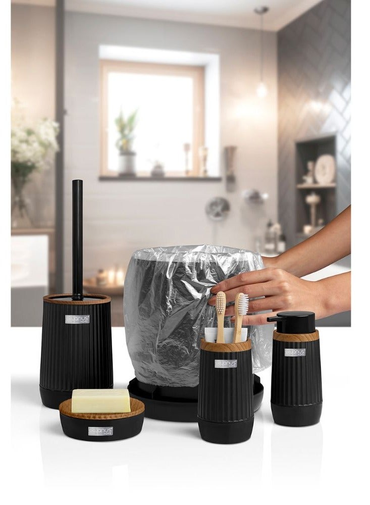 Okyanus 5 piece wooden head plastic bathroom accessories set includes toilet brush liquid soap dispenser trash bin toothbrush & toothpaste holder soap dish durable bathroom organizer kit black - Image 4