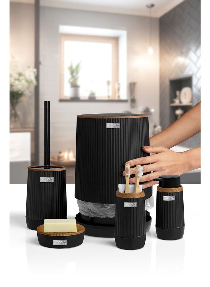 Okyanus 5 piece wooden head plastic bathroom accessories set includes toilet brush liquid soap dispenser trash bin toothbrush & toothpaste holder soap dish durable bathroom organizer kit black - Image 5