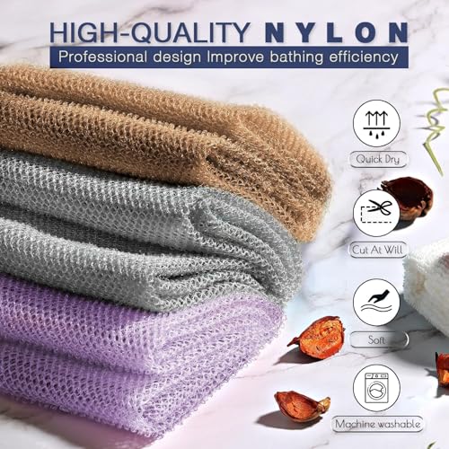 UJFQBH 3 Pieces African exfoliating net African Net Long Net Bath Sponge Exfoliating Shower Body Scrubber Back Scrubber Skin Smoother,Great for Daily Use (Purple、Gray、Brown) - Image 4