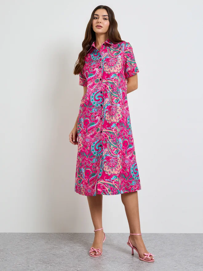 Styli Styli Paisley Print Short Sleeve Midi Shirt Dress