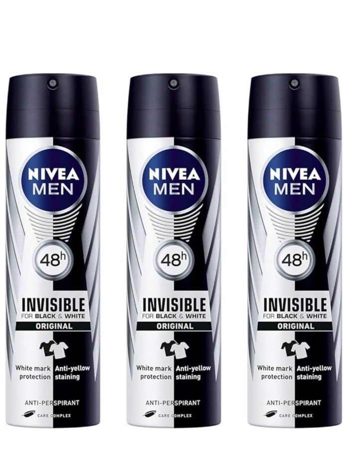 Nivea Men Black And White Invisible Original Antiperspirant for Men Spray Pack Of 3 150ml x 3