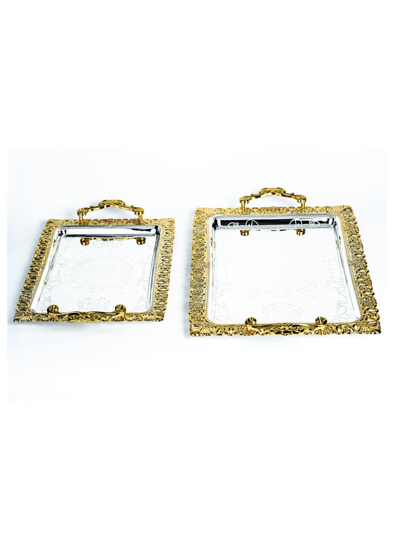 ZOLTEN SILVERPLATED 2PC LARGE AND MEDIUM SIZES ROUND TRAY SET GOLD/SILVER COLOUR 43.6X32/36X26 CM - Image 3