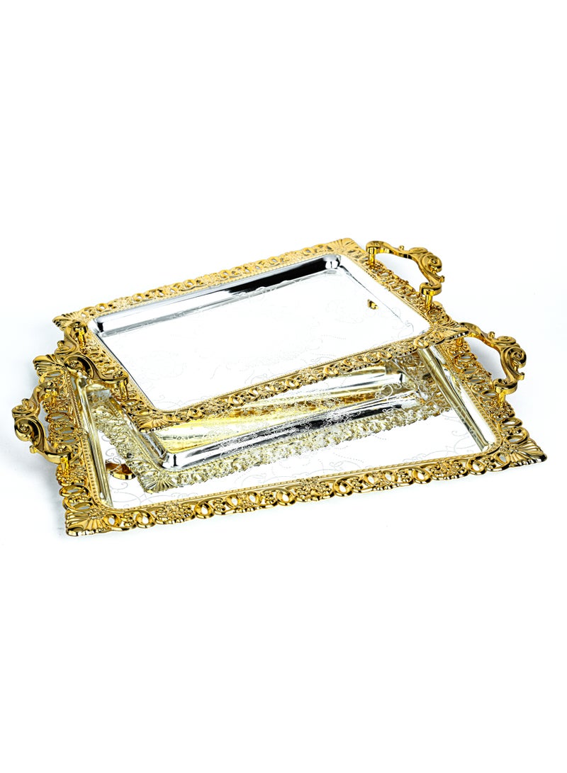ZOLTEN SILVERPLATED 2PC LARGE AND MEDIUM SIZES ROUND TRAY SET GOLD/SILVER COLOUR 43.6X32/36X26 CM - Image 2