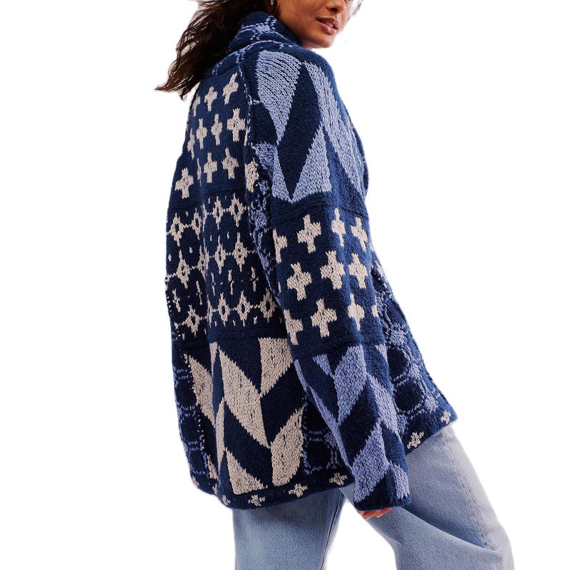 Yuemengxuan Cardigan Sweaters for Women Button Down Shawl Collar Oversized Sweater Coats Y2k Print Cardigans Fall Fashion, Blue, One Size - Image 1