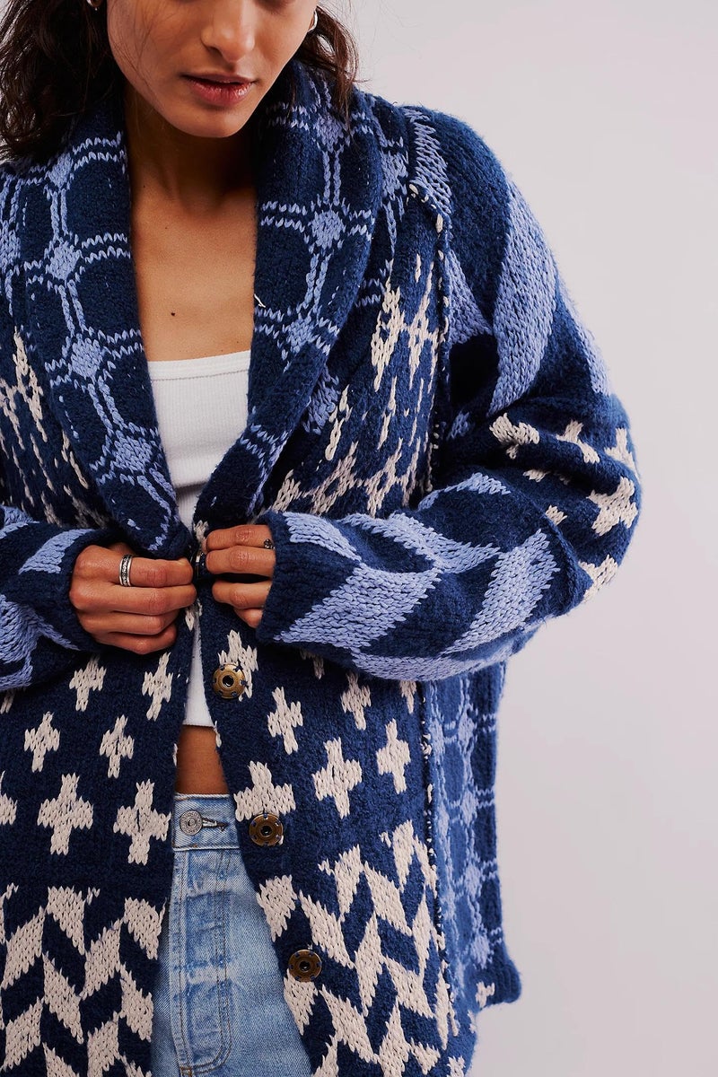 Yuemengxuan Cardigan Sweaters for Women Button Down Shawl Collar Oversized Sweater Coats Y2k Print Cardigans Fall Fashion, Blue, One Size - Image 3