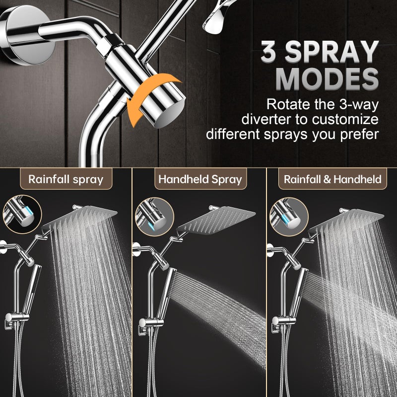 Veken All Metal 10" Shower Head with Handheld, Luxurious Square Double Rain Shower Heads,Power Wash Wand,Dual High Pressure Detachable Rainfall Showerhead with Spray Combo,Extension Arm,Chrome,Sliver - Image 3
