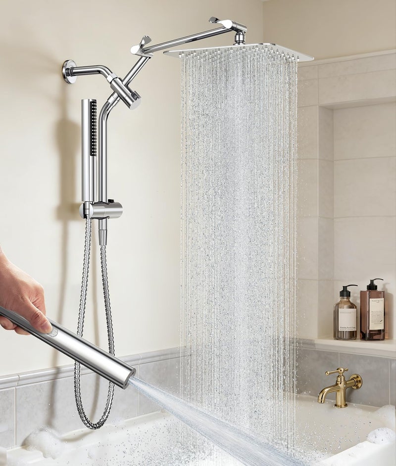Veken All Metal 10" Shower Head with Handheld, Luxurious Square Double Rain Shower Heads,Power Wash Wand,Dual High Pressure Detachable Rainfall Showerhead with Spray Combo,Extension Arm,Chrome,Sliver - Image 1