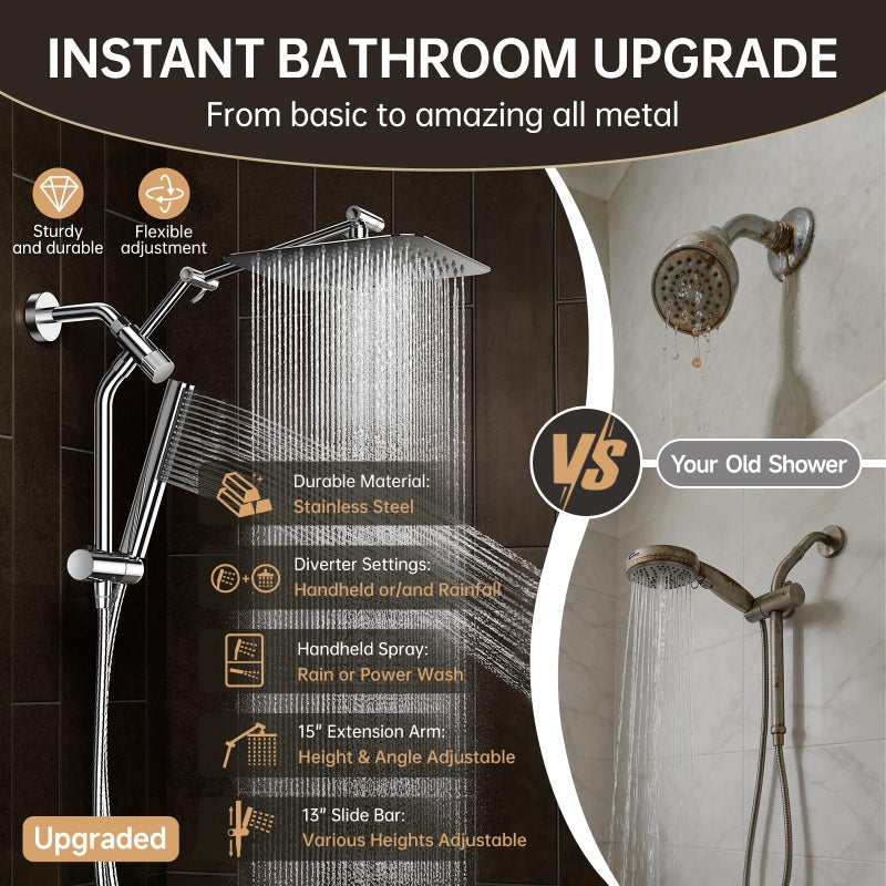 Veken All Metal 10" Shower Head with Handheld, Luxurious Square Double Rain Shower Heads,Power Wash Wand,Dual High Pressure Detachable Rainfall Showerhead with Spray Combo,Extension Arm,Chrome,Sliver - Image 4