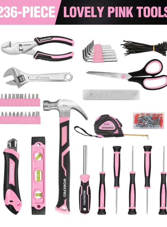 WORKPRO Pink Tool Kit - 236 Pieces Pink Tool Set with Easy Carrying Round Pouch, Household Tool Kit Perfect for DIY, Home Maintenance - Pink Ribbon - Image 3