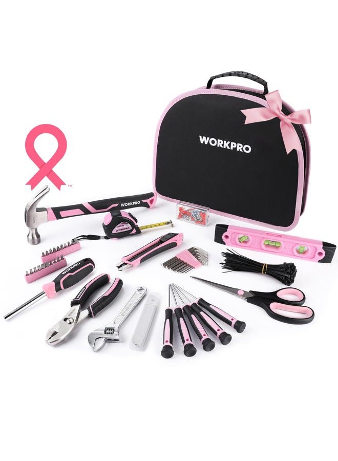 WORKPRO Pink Tool Kit - 236 Pieces Pink Tool Set with Easy Carrying Round Pouch, Household Tool Kit Perfect for DIY, Home Maintenance - Pink Ribbon - Image 1