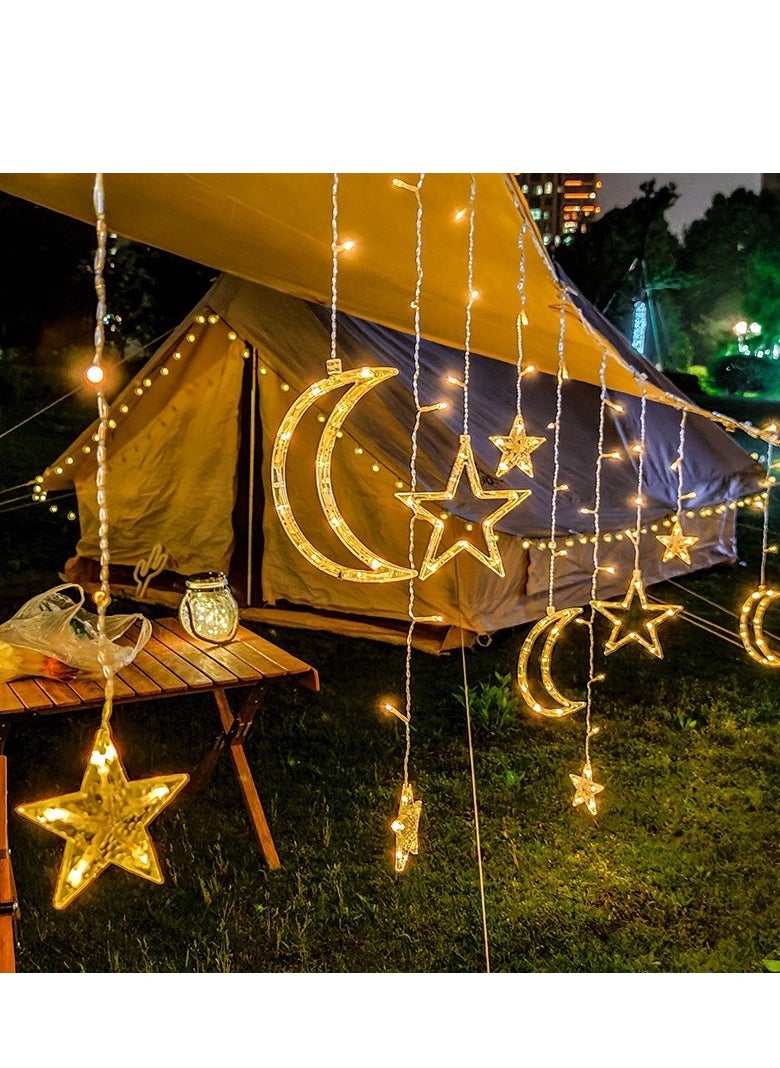 Generic Holiday decorative lights, solar energy-saving light strings, stars, moon lighting, outdoor LED curtain lights, (solar warm white moon and stars， plug-in with remote control type)  - Image 1