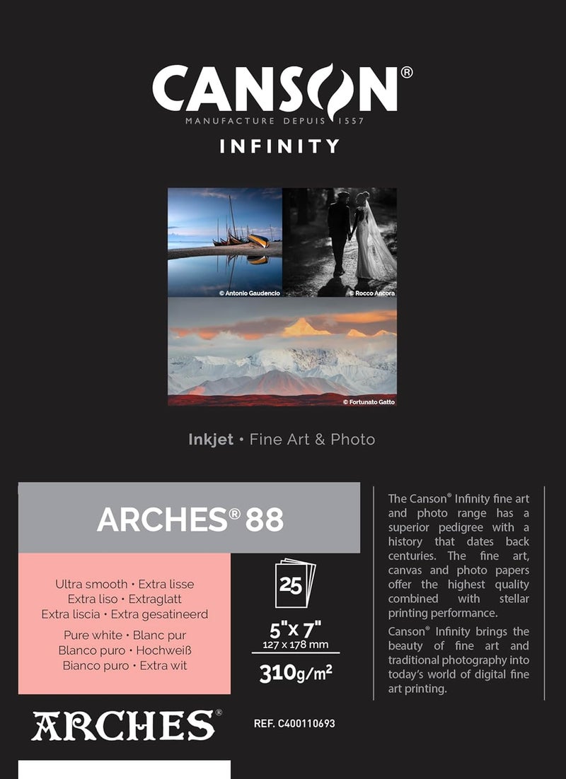 CANSON Canson Infinity Arches 88 Ultra Smooth Pure White Matte Inkjet Paper 310gsm 5 x 7 25 Sheets 