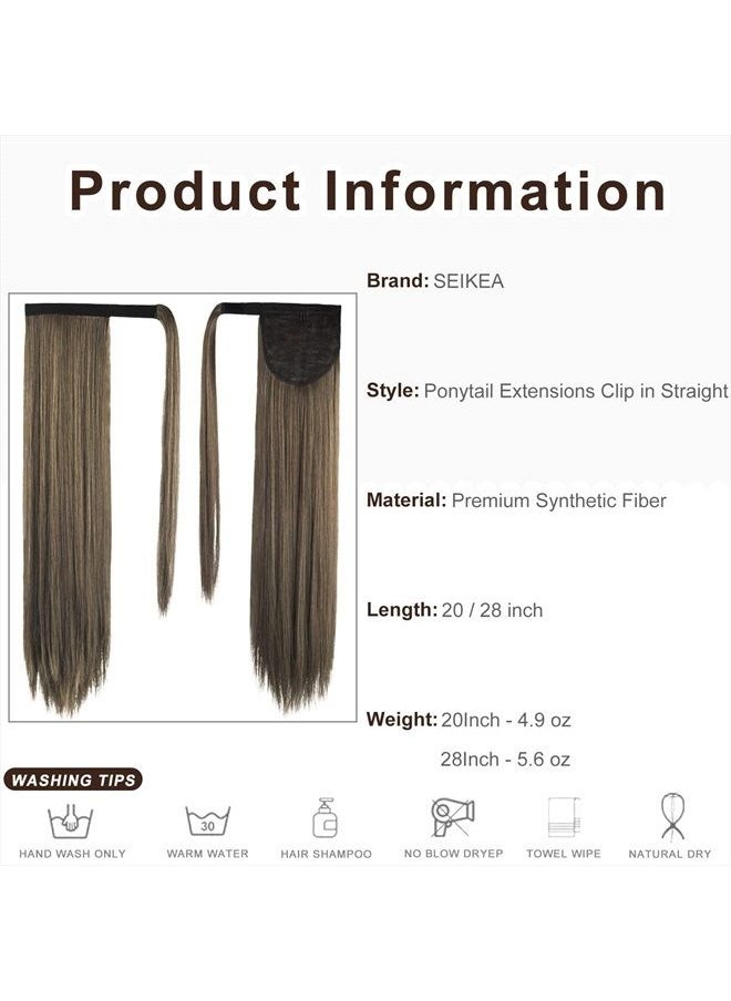 SEIKEA 28 Inch Clip in Ponytail Extension Wrap Around Long Straight Pony Tail Hair Synthetic Hairpiece for Women Color Medium Brown with Golden Brown Highlights  - Image 5