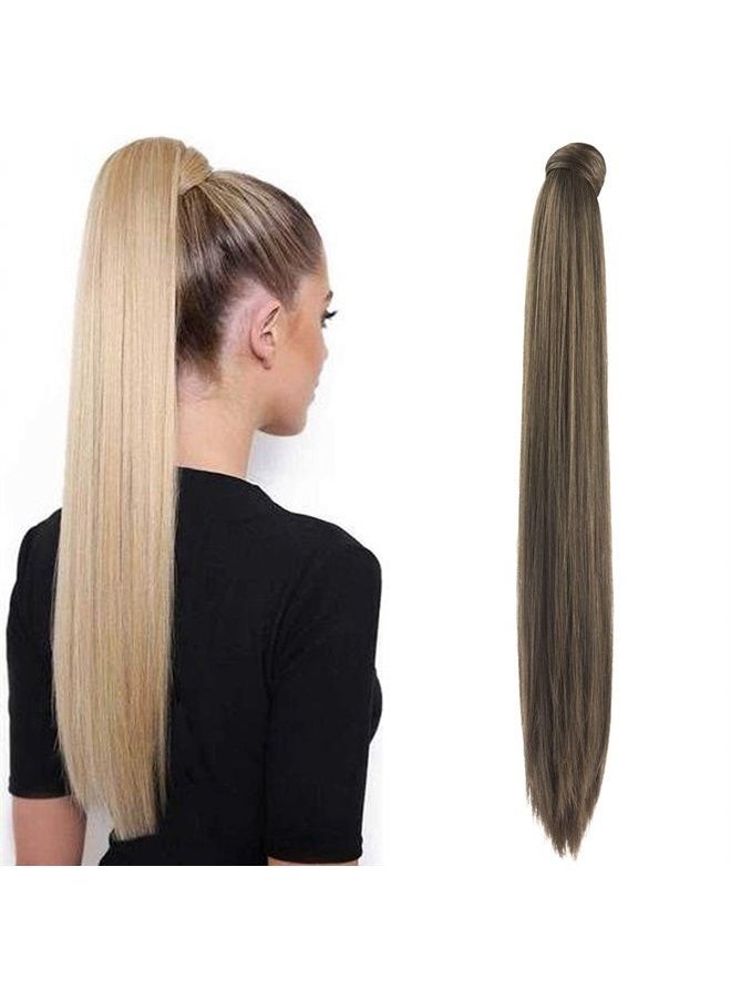 SEIKEA 28 Inch Clip in Ponytail Extension Wrap Around Long Straight Pony Tail Hair Synthetic Hairpiece for Women Color Medium Brown with Golden Brown Highlights  - Image 1