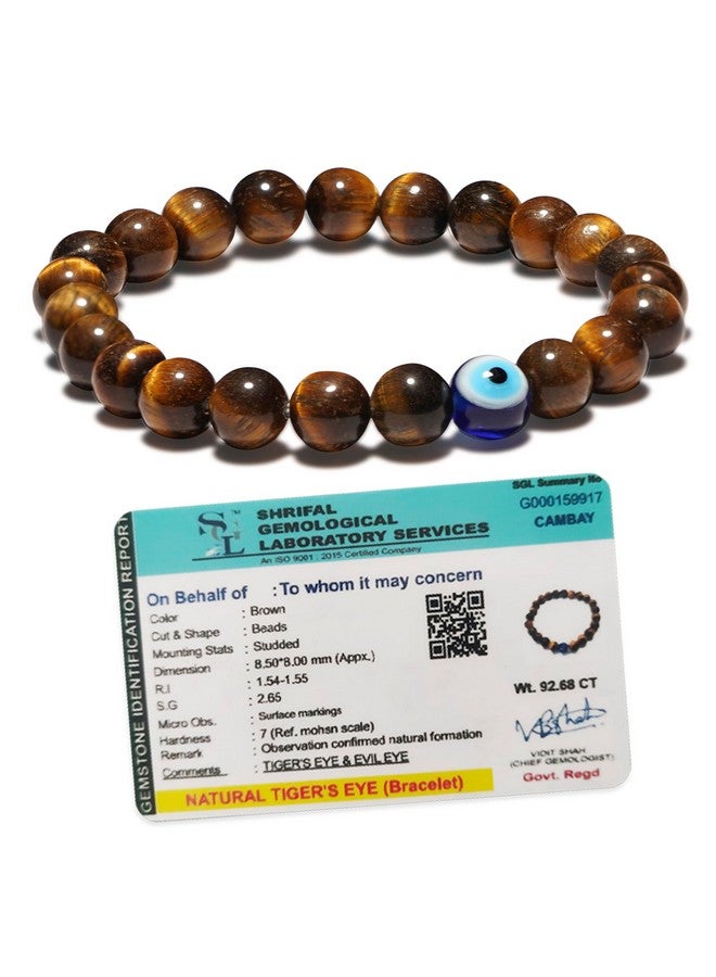 SOLAVA Original Tiger Eye Bracelet for Woman and Men with Evil Eye and Lab Certificate - Natural Energised Brown beads Bracelet for Courage, Protection and Will Power - 8MM Beads - Image 1