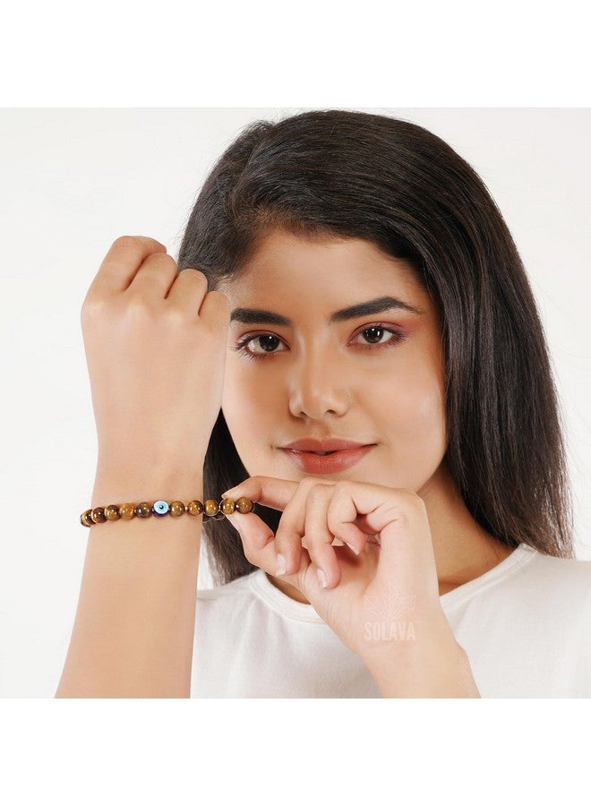 SOLAVA Original Tiger Eye Bracelet for Woman and Men with Evil Eye and Lab Certificate - Natural Energised Brown beads Bracelet for Courage, Protection and Will Power - 8MM Beads - Image 4