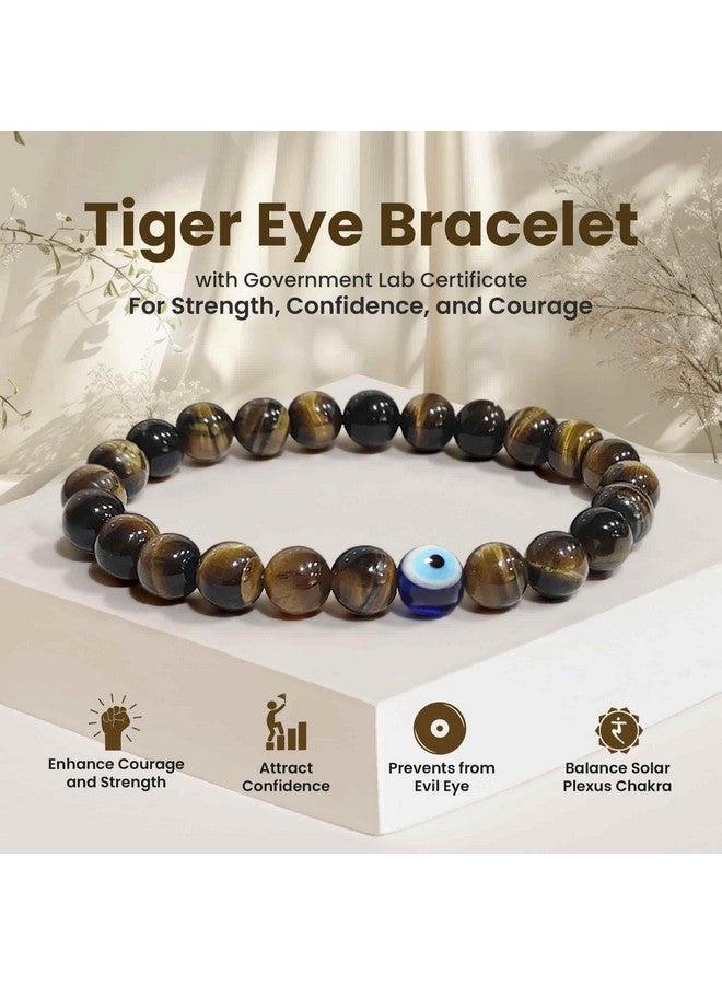 SOLAVA Original Tiger Eye Bracelet for Woman and Men with Evil Eye and Lab Certificate - Natural Energised Brown beads Bracelet for Courage, Protection and Will Power - 8MM Beads - Image 2