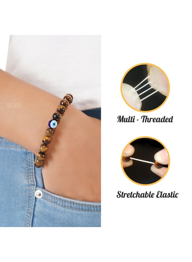 SOLAVA Original Tiger Eye Bracelet for Woman and Men with Evil Eye and Lab Certificate - Natural Energised Brown beads Bracelet for Courage, Protection and Will Power - 8MM Beads - Image 3