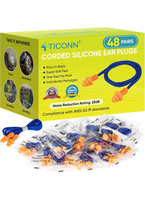 TICONN 48 Pairs Reusable Silicone Ear Plugs for Sleeping Noise Cancelling, 25dB NRR Corded Earplugs for Study Concentration Travel (48 Pairs)