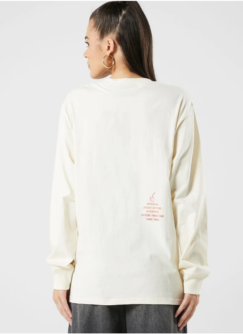 Mini Cream Embro Printed Long T-Shirt