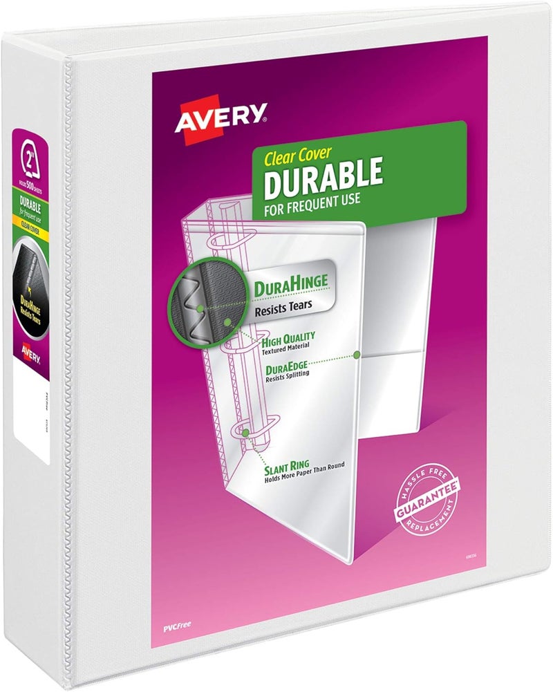 AVERY Durable Clear View 3 Ring Binders, 2 Inch EZD Rings, 1 White Binder (09501) - Image 1