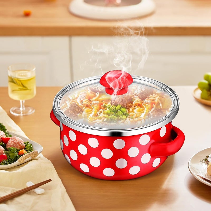 IMIKEYA Enamel Mini Stockpot Set with Lid, Non-stick Small Saucepan with Handles, Vintage Red Polka Dot Cooking Pots for Home Kitchen, 12-14-16cm Three-piece Soup Pan Set - Image 5
