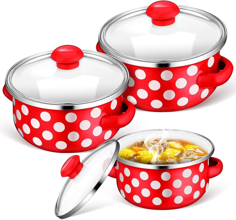 IMIKEYA Enamel Mini Stockpot Set with Lid, Non-stick Small Saucepan with Handles, Vintage Red Polka Dot Cooking Pots for Home Kitchen, 12-14-16cm Three-piece Soup Pan Set - Image 1