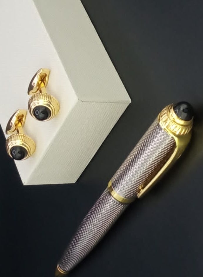 A luxurious and elegant pen and cufflink set with a box