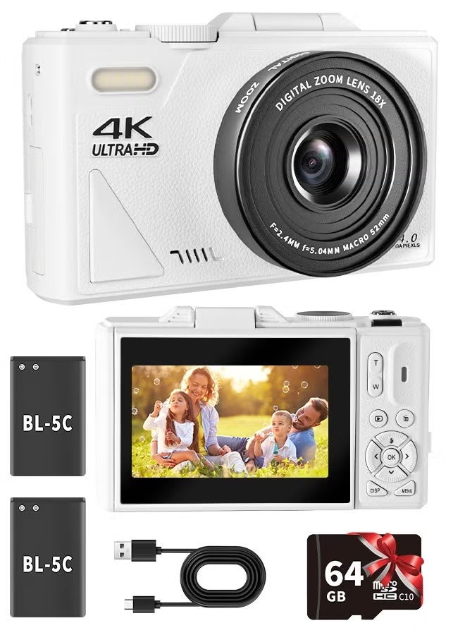 ZONBON Digital Camera, 4K Cameras Digital with 64GB SD Card, 64MP Digital Cameras for Photography, Vlogging Camera for Video Cameras Compact Cameras with 18X Zoom, Travel Camaras with 3" 180° Flip Screen, 2 Batteries - Image 1