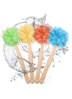 Patelai 4 Pieces Loofah Bath Sponge on a Stick Long Handle Loofah Back Scrubber with Wooden Handle, Loofah Sponge Mesh Exfoliating Luffa Pouf Shower Body Brush for Women Men (Blue, Orange, Yellow, Green)  - Image 2