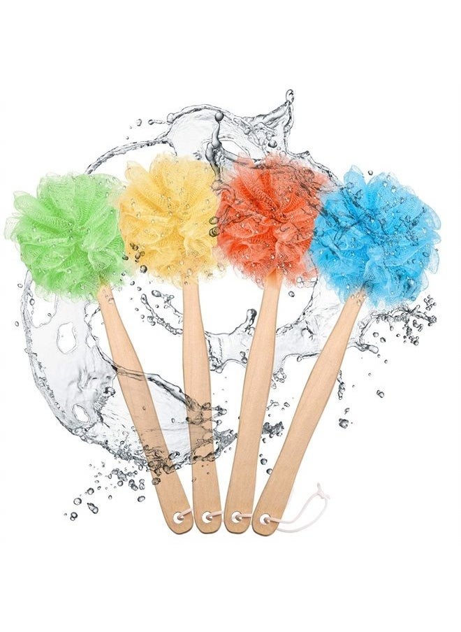 Patelai - 4 Pieces Loofah Bath Sponge on a Stick Long Handle Loofah Back Scrubber with Wooden Handle, Loofah Sponge Mesh Exfoliating Luffa Pouf Shower Body Brush for Women Men (Blue, Orange, Yellow, Green) - Image 1