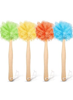 Patelai 4 Pieces Loofah Bath Sponge on a Stick Long Handle Loofah Back Scrubber with Wooden Handle, Loofah Sponge Mesh Exfoliating Luffa Pouf Shower Body Brush for Women Men (Blue, Orange, Yellow, Green)  - Image 1