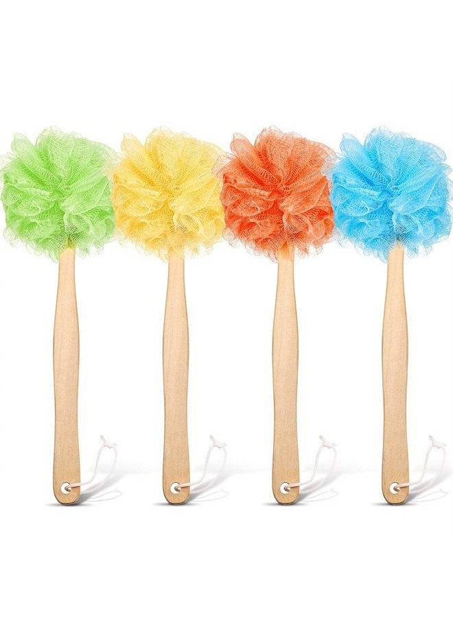 Patelai - 4 Pieces Loofah Bath Sponge on a Stick Long Handle Loofah Back Scrubber with Wooden Handle, Loofah Sponge Mesh Exfoliating Luffa Pouf Shower Body Brush for Women Men (Blue, Orange, Yellow, Green) - Image 1
