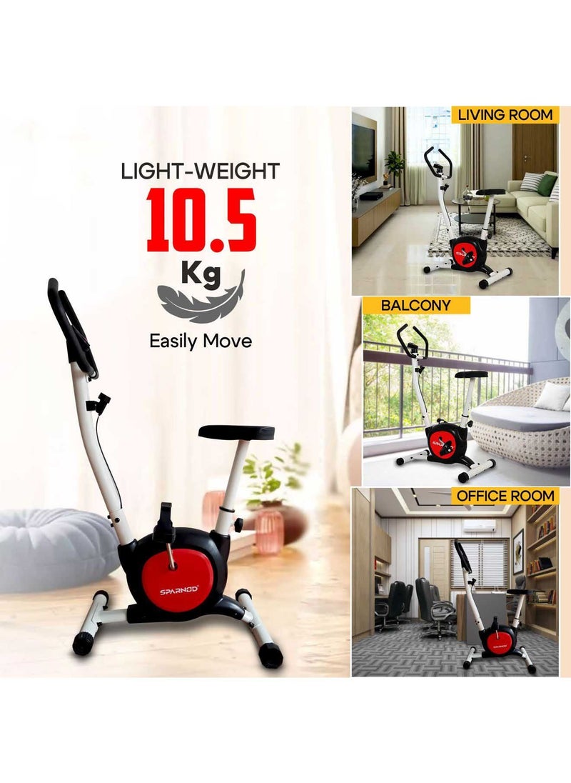 SPARNOD FITNESS SUB-49 Upright Exercise Bike for home gym - LCD Display, Height Adjustable Seat, Compact design and 4 Kg Flywheel - Perfect Cardio Exercise Cycle Machine for Small Spaces - Black