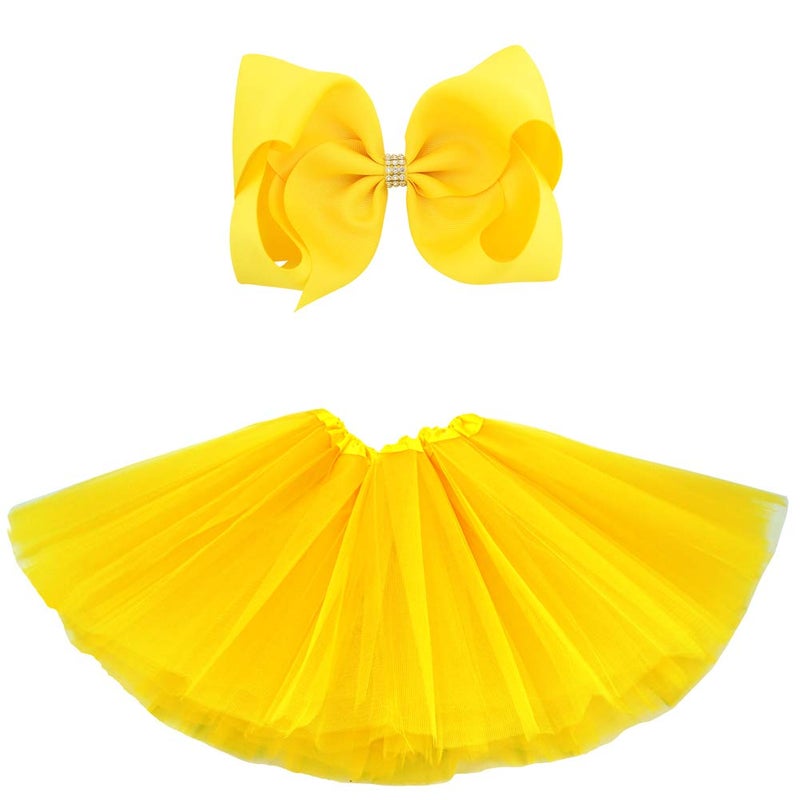 BGFKS 5 Layered Tulle Tutu Skirt for Girls with Hairbow, Ballet Dressing Up Kid Tutu Skirt (Yellow, 8-15 Years Old) - Image 5